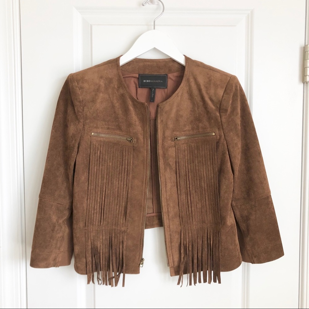 BCBG Boho Western Cowgirl Vintage Inspired Fringe Suede Brown Jacket Small - Picture 6 of 11